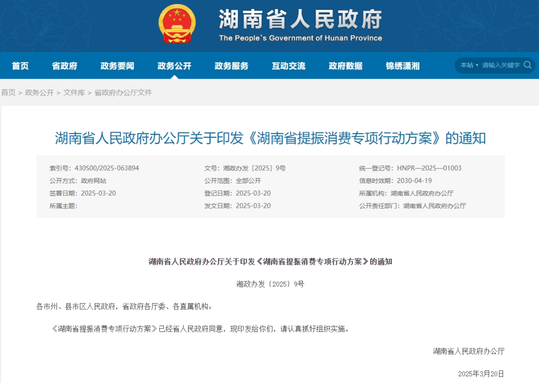 《湖南省提振消費專項行動方案》來了！(圖1)